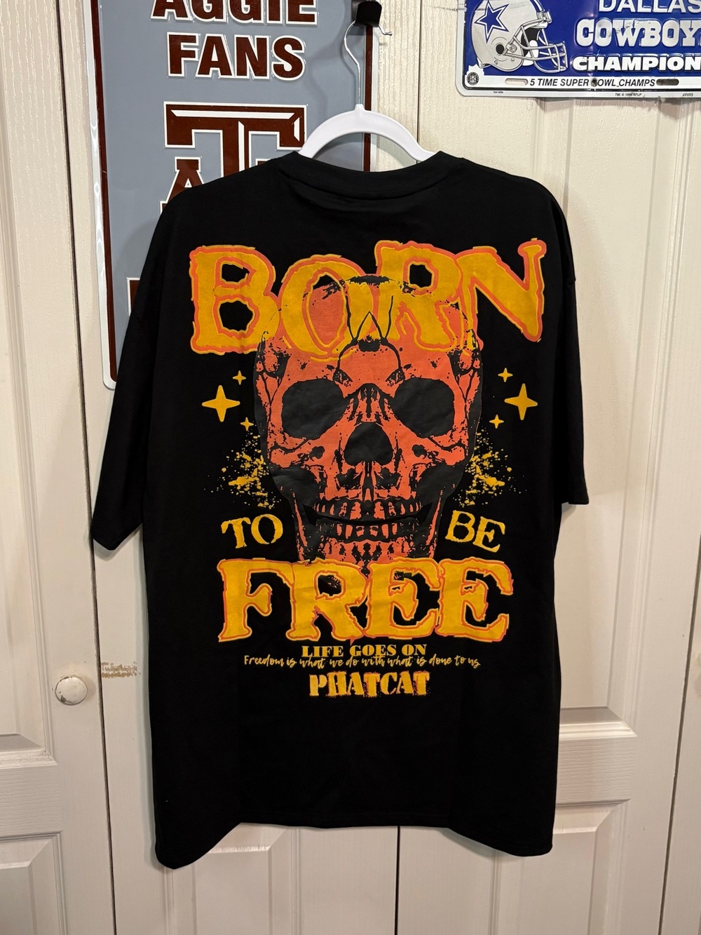 Born To Be Free Graphic Skull Tee - Black with Orange & Yellow